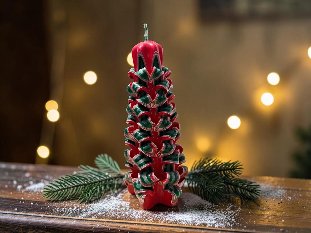 NOS Jasco Christmas Tree Hand Carved Candle Red Green Never Lit 8"